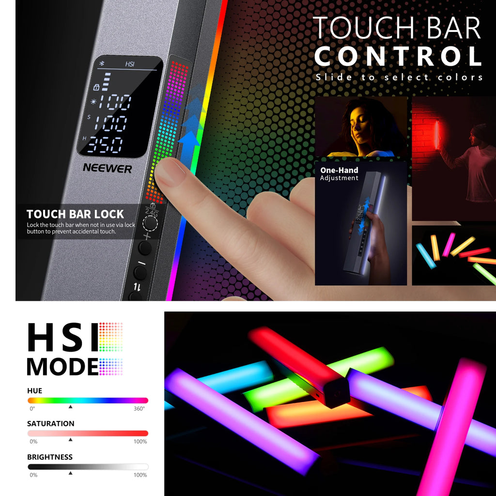 LED light stick with a grey rectangular body, touchscreen slider for HSI color control, and digital status display.