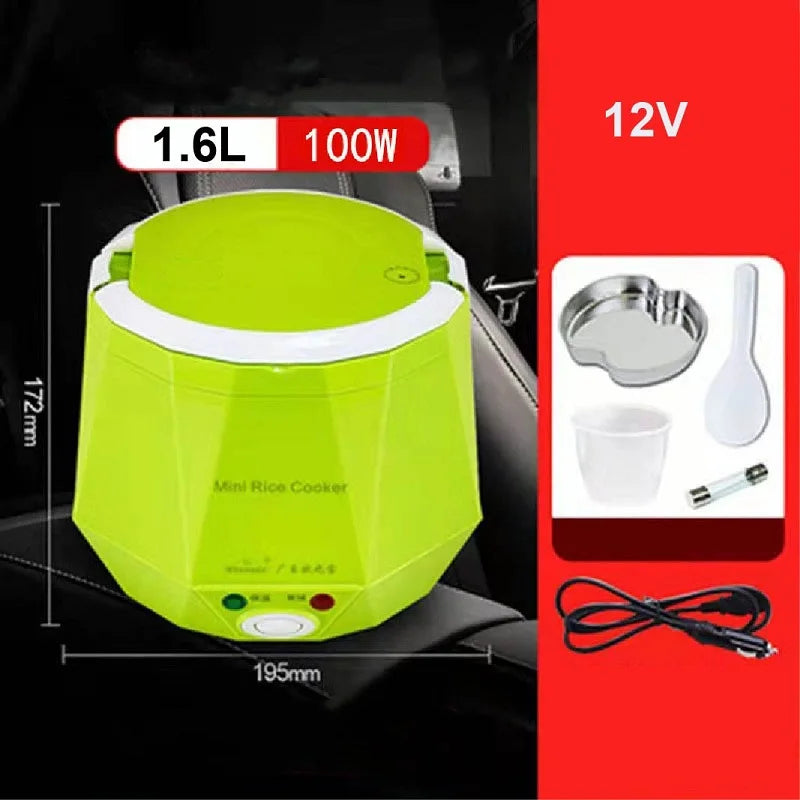 1.6L portable car rice cooker, green lunch box with lid and front control panel