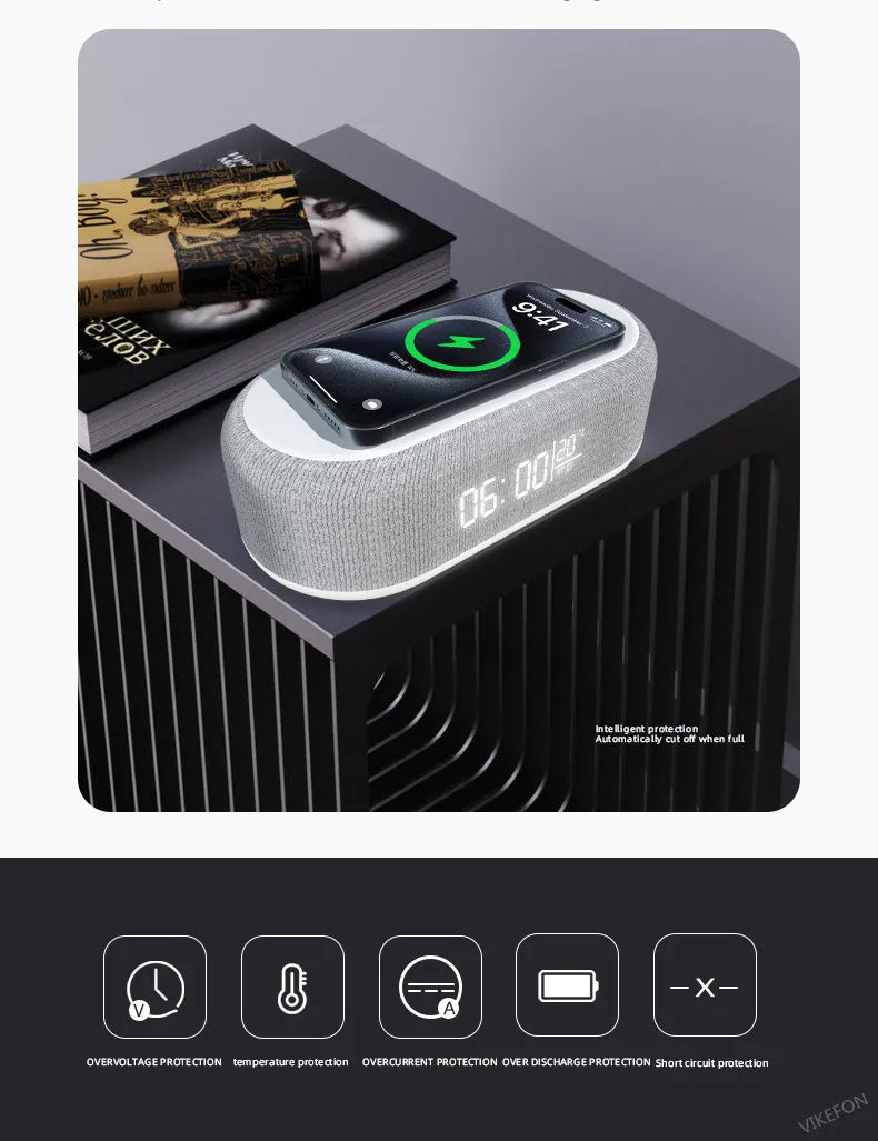 Portable Bluetooth Speaker with Wireless Charger and Alarm Clock - White Tidesmit