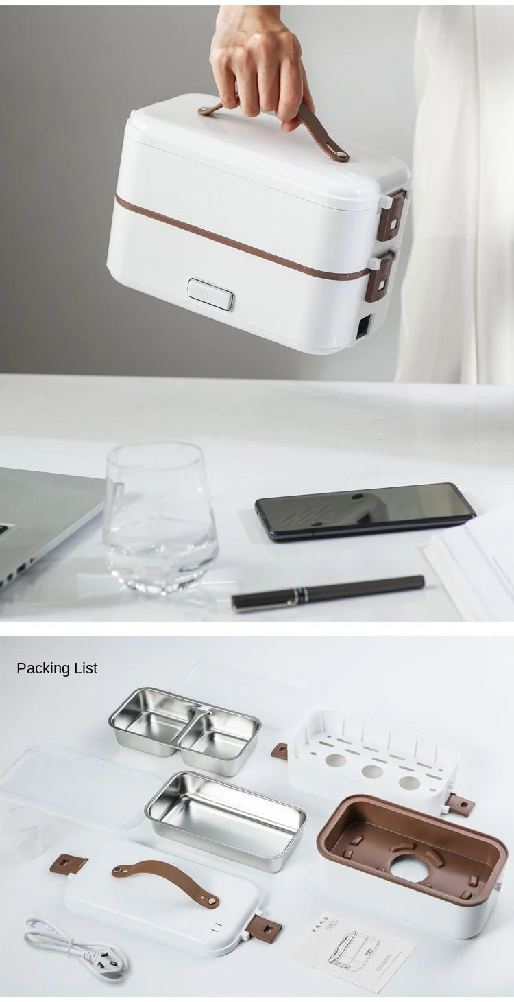 Portable electric heating lunch box with accessories and packing items on display