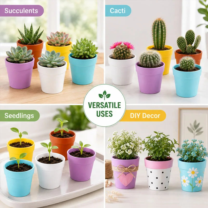Assorted mini plastic pots for succulents and cacti, including purple, blue, orange and white