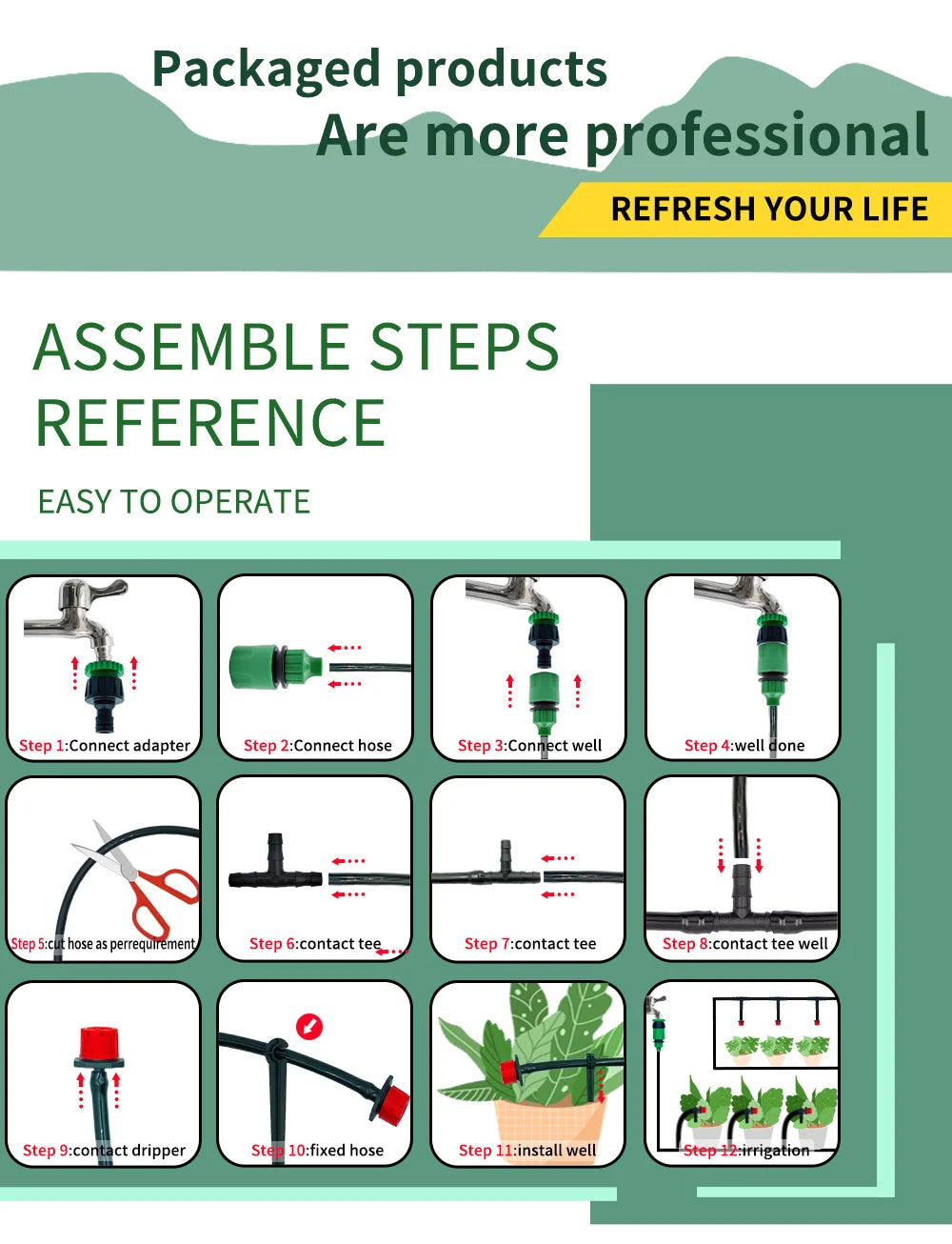 Assemble steps reference for drip irrigation kit with step-by-step connection photos