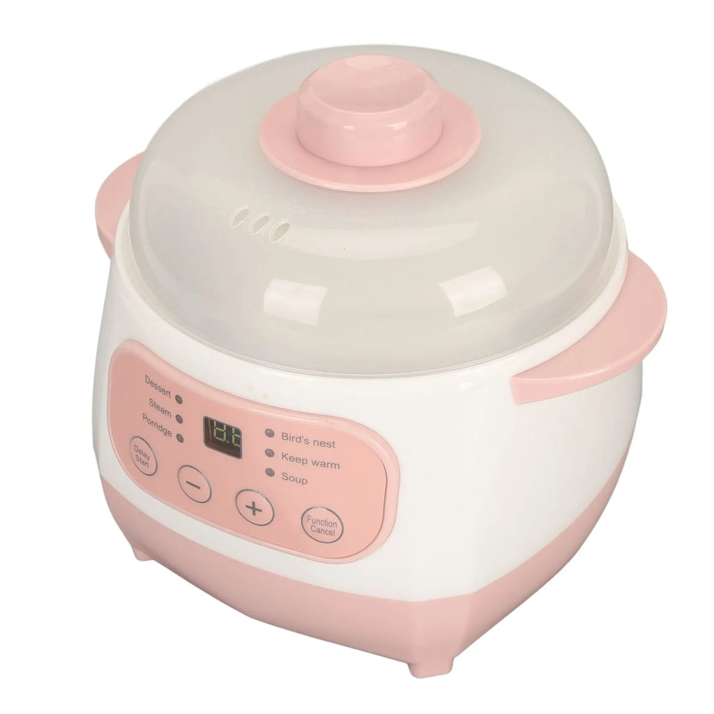 Pink and white mini electric rice cooker close-up with clear lid and touch button panel