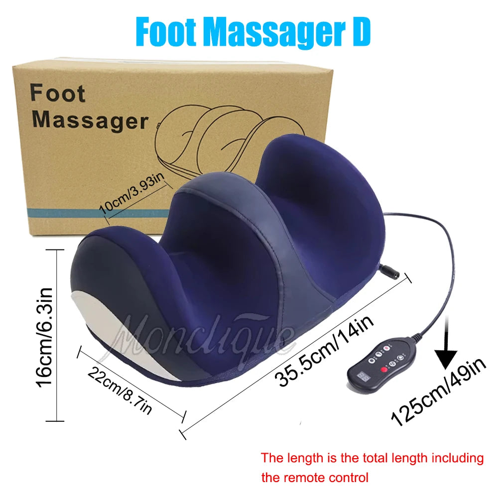 Blue electric foot and calf massager with heated deep tissue kneading, remote control, and packaging box.