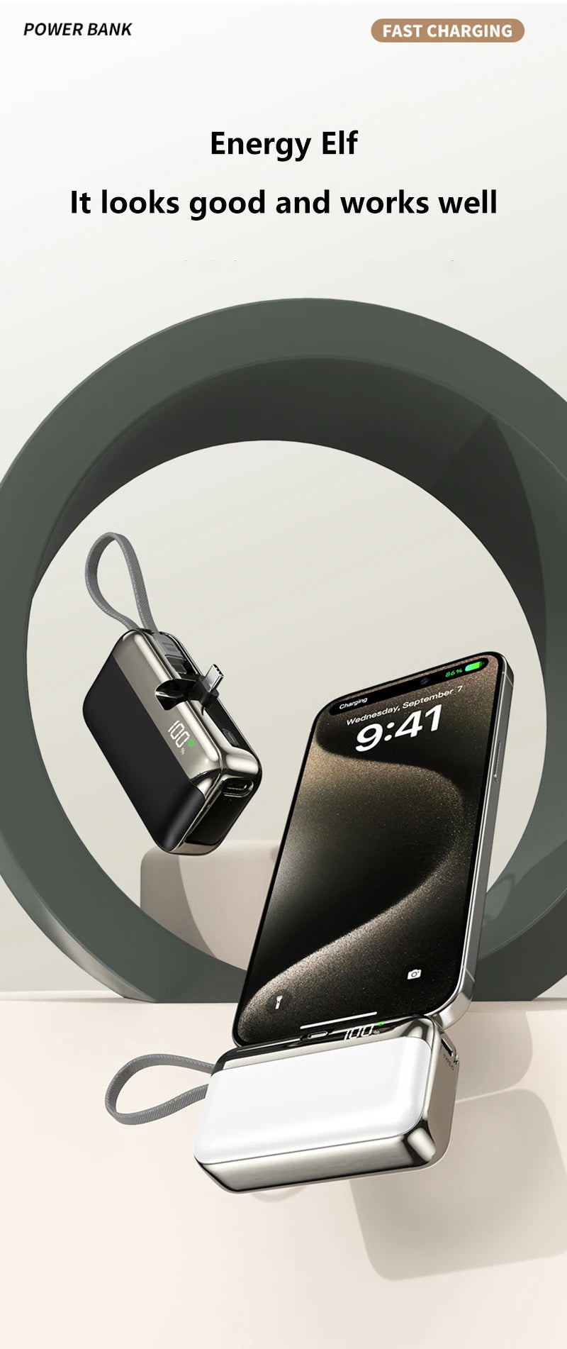 20000mAh Portable Charger with Built-in Cable - Fast Charging PD Tidesmit