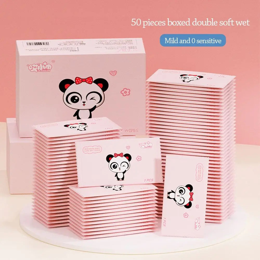 Box of 50 soft, sensitive baby care wet wipes in pink panda-themed packaging for gentle newborn skin.