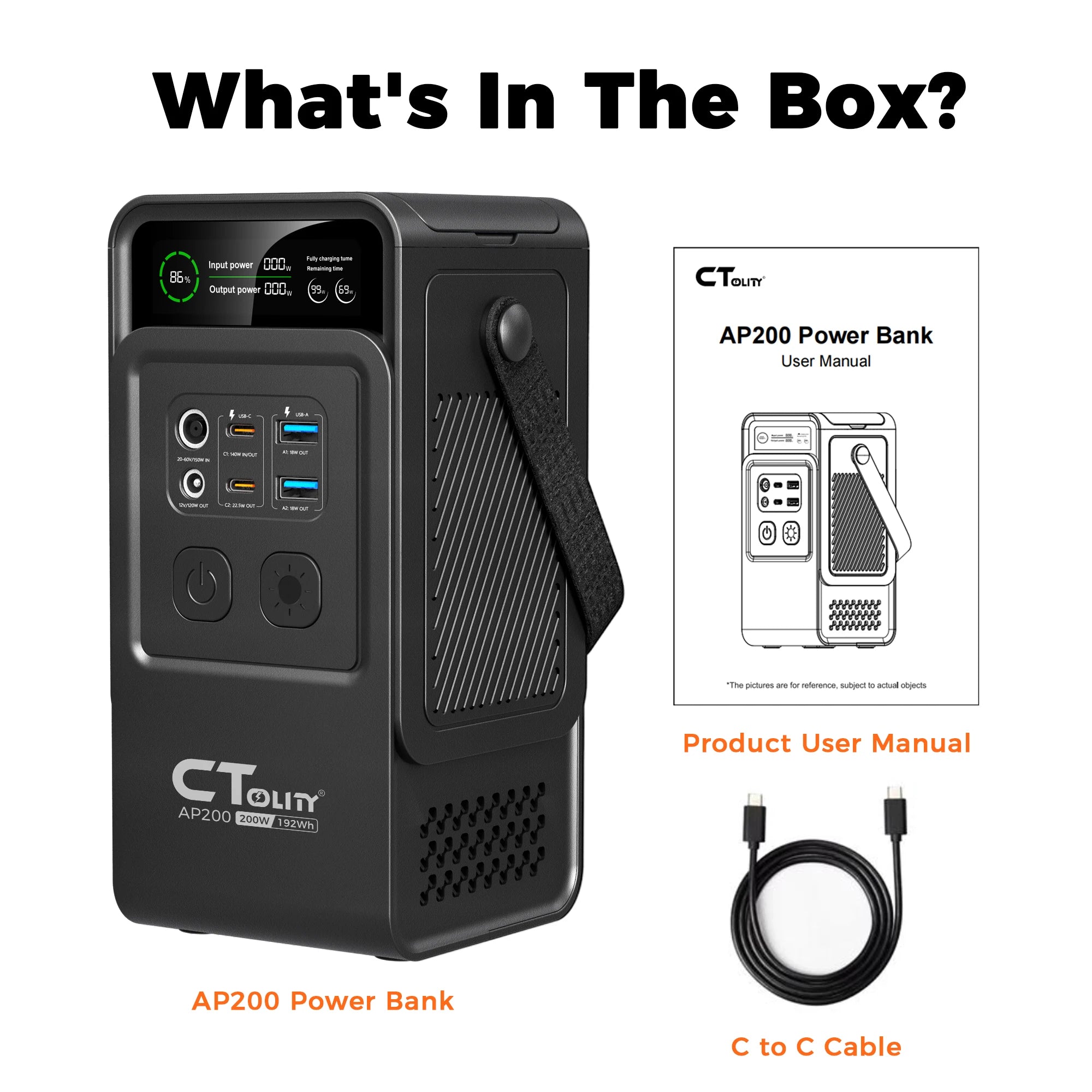 CTOLITY 192Wh Power Station 110V 200W Power Bank Outdoor Camping Portable Solar Generator LiFePO4 Battery Home Backup Power Supply 60000 mAh Emergency Battery