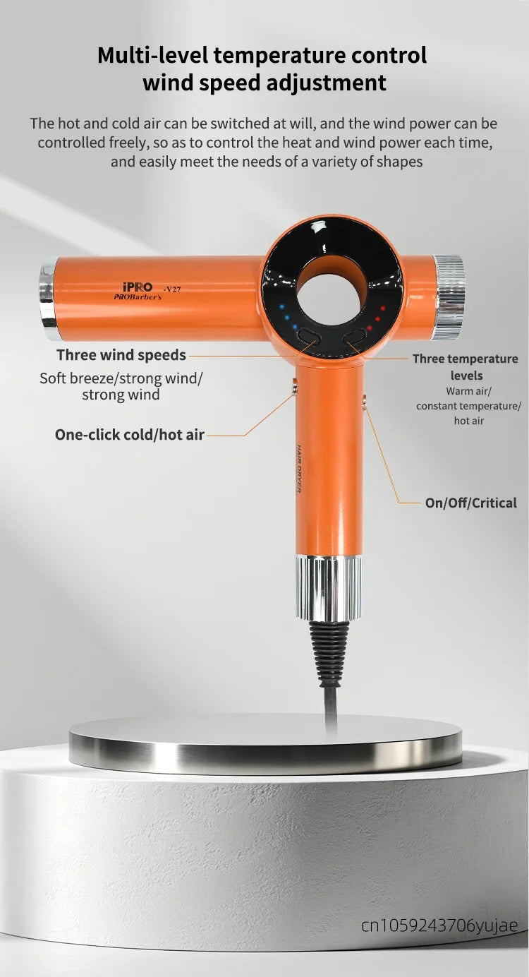 Orange 120k RPM high-speed bladeless professional hair dryer with 3 heat and speed settings and LED display.