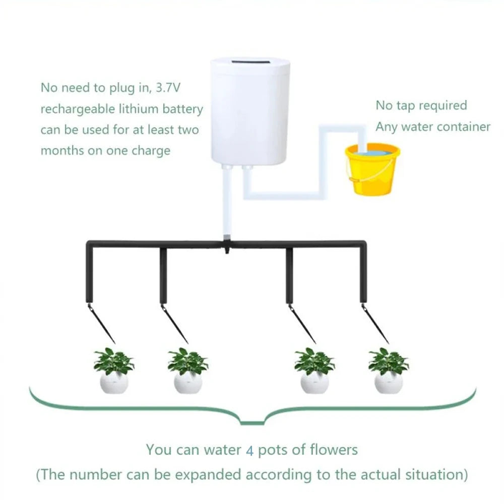 Self-watering drip irrigation kit with timer, tubing manifold, and 4 outlet drippers for plants