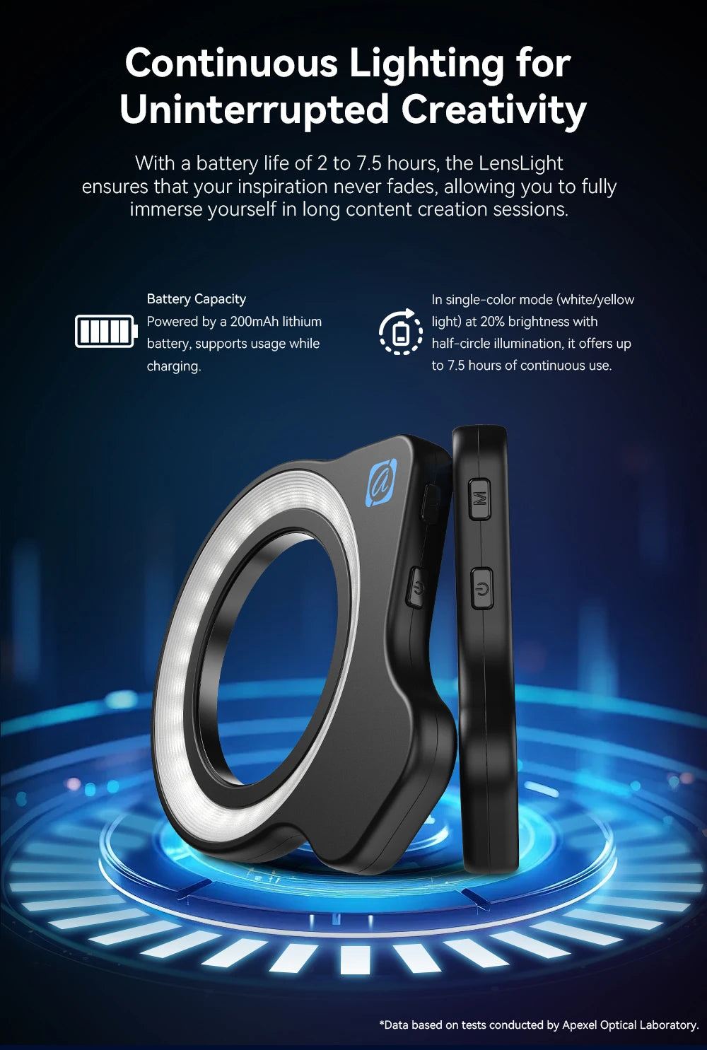 LensLight black, circular clip-on LED ring light for mobile content creation with side control buttons.