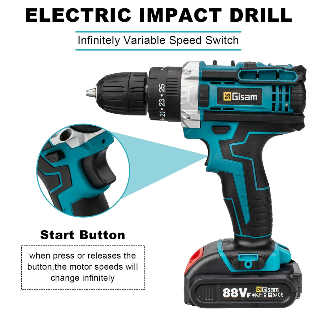 Wiredless Impact Drill Screwdriver Rechargeable Battery Cordless Hammer Drill 25+3Torque Setting Electric Screwdriver Power Tool