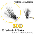 Close-up of a 30D black individual eyelash cluster, 0.07mm thick, being held by tweezers for Russian volume application.