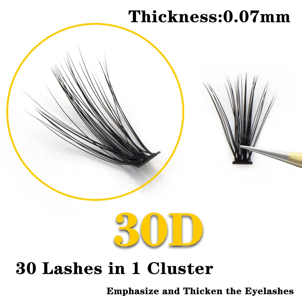 Close-up of a 30D black individual eyelash cluster, 0.07mm thick, being held by tweezers for Russian volume application.