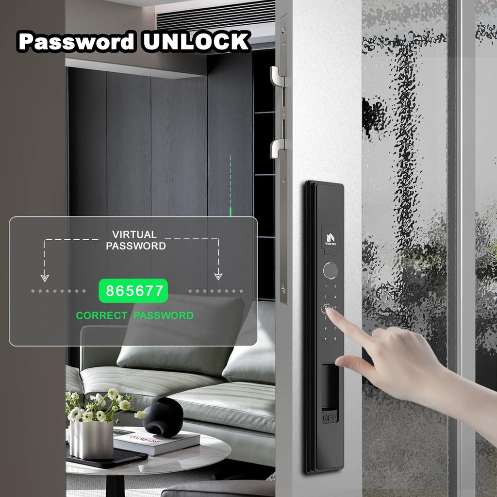 WINFREE Slim Swing or Sliding Door Smart Lock with Fingerprint Passcode Card Digital Tuya Bluetooth Smart Lock