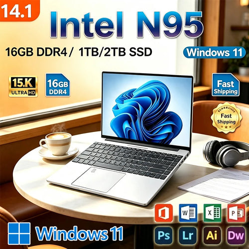Ultra-thin silver 14.1-inch laptop with slim bezels, black keyboard, large trackpad, and side ports on a round table.