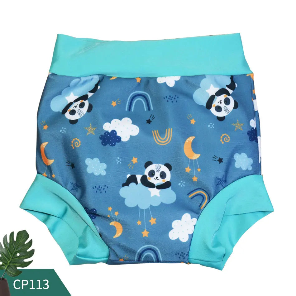 Blue baby swim diaper with panda, rainbow, and moon print. Features teal elastic waist and leg cuffs. Style CP113.
