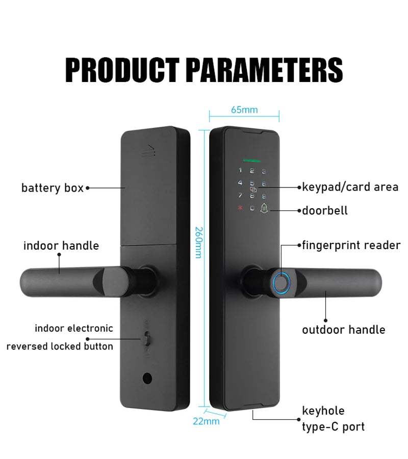 Tuya Wifi Fingerprint Smart Door Lock Digital Electronic Lock Remote Unlock Keyless Security Anti-theft Smart Home Hotel Office