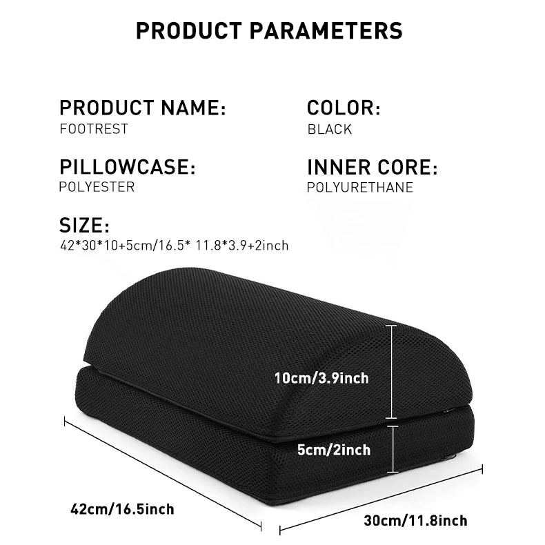 Black ergonomic under desk foot rest with adjustable height, memory foam core, and breathable polyester mesh cover.