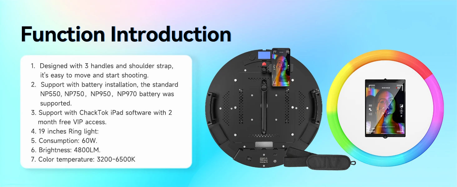 19-inch circular RGB ring light with handles, shoulder strap, and mounting brackets for a smartphone and tablet.