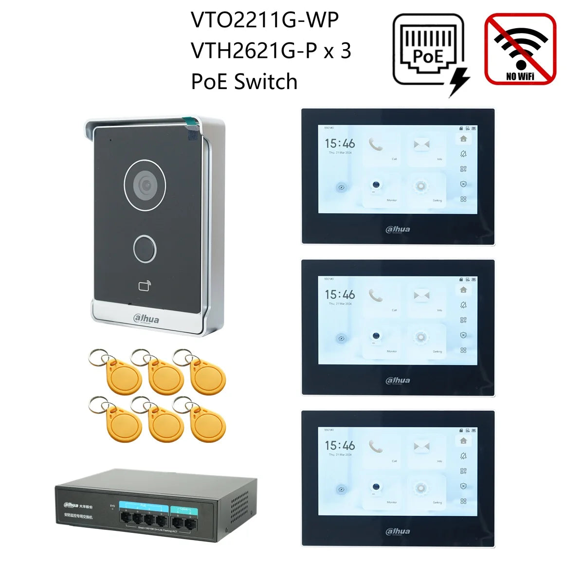 Dahua IP video intercom kit with gray door station, three indoor screens, PoE switch, RFID cards