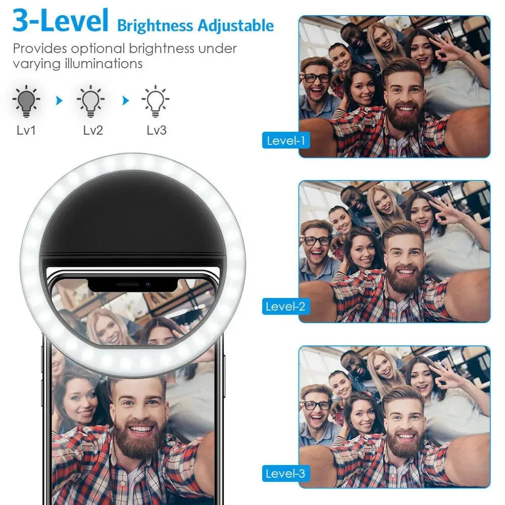 Black clip-on circular LED ring light for mobile phones with three adjustable brightness levels for selfie lighting.