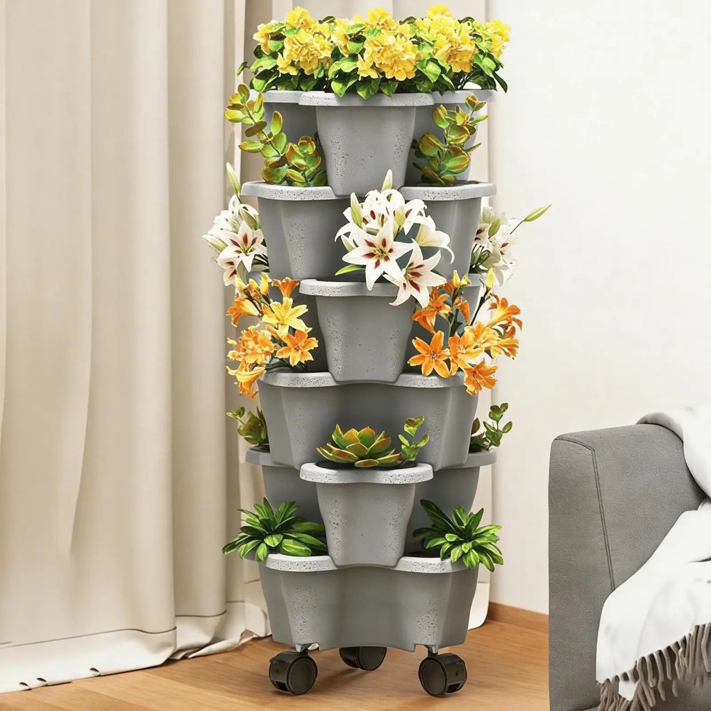 6-Tier Plastic Stackable Vertical Flower Pot Garden Planter Tower With Movable Casters For Strawberry Vegetable Frame Growing