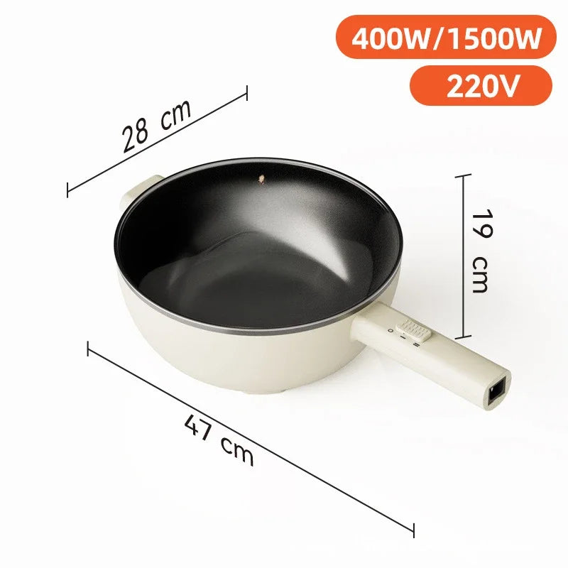 Electric frying pan with black nonstick interior, white body and handle, 28 cm diameter