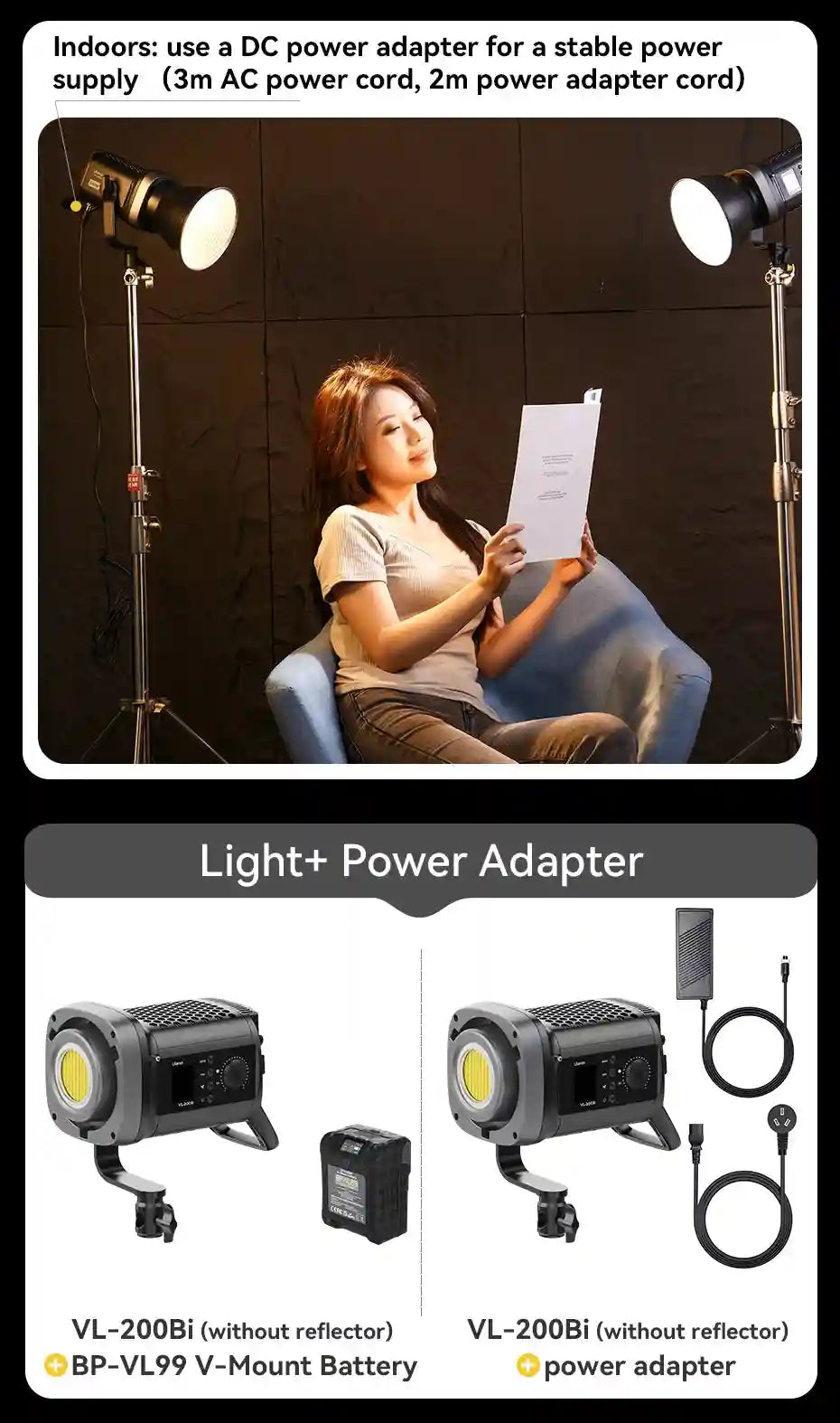 VL-200Bi LED light with dark grey metal housing, V-mount battery, and DC power adapter for indoor studio lighting.