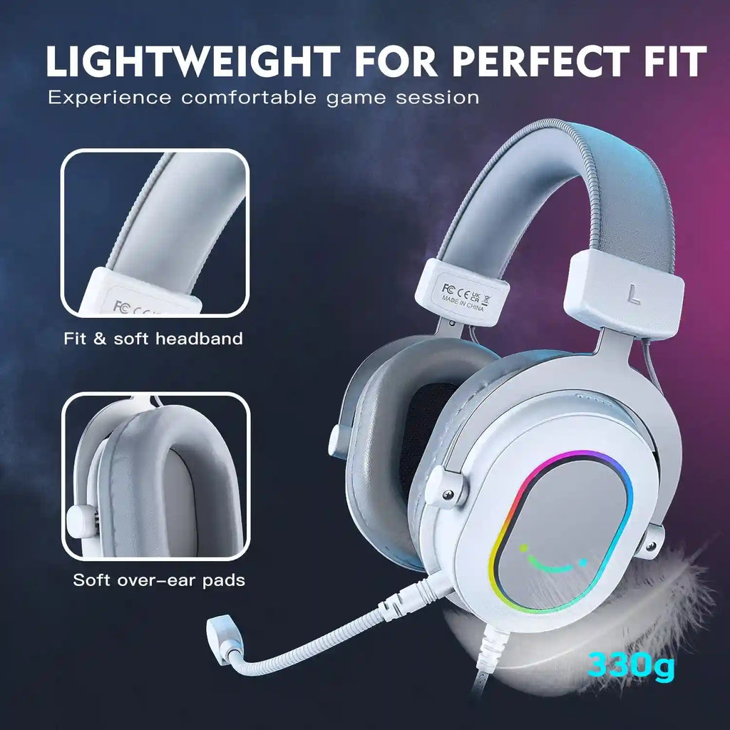 RGB Gaming Headset 7.1 Surround Sound - White Over-Ear Wired Headset Tidesmit