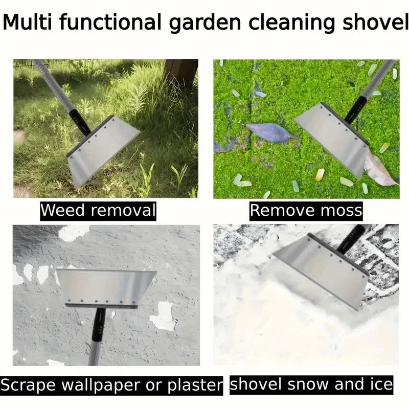 Multi-use garden cleaning shovel with silver blade and wood handle, shown for weed and moss removal