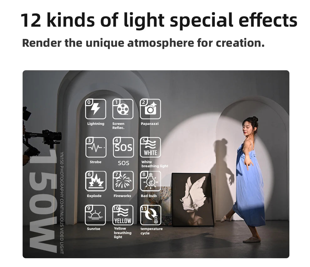 150W continuous video light with 12 preset special lighting effects for professional photography and studio setups.