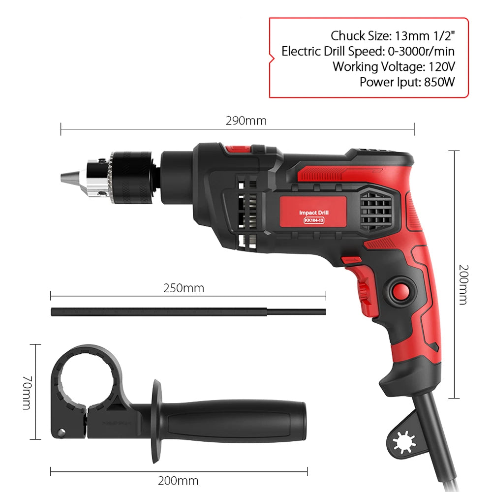 Hammer Drill Impact Drill 850W 3000 RPM Hand Electric Drill with 360° Rotating Handle Hammer and Drill 2 Mode in 1 with Depth