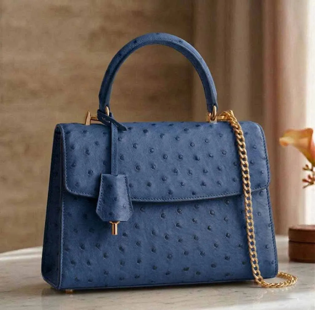Genuine Ostrich Leather Vintage Custom Classic Women's Luxury Handbag Detachable Strap Cell Phone Pocket Portable Design Leather
