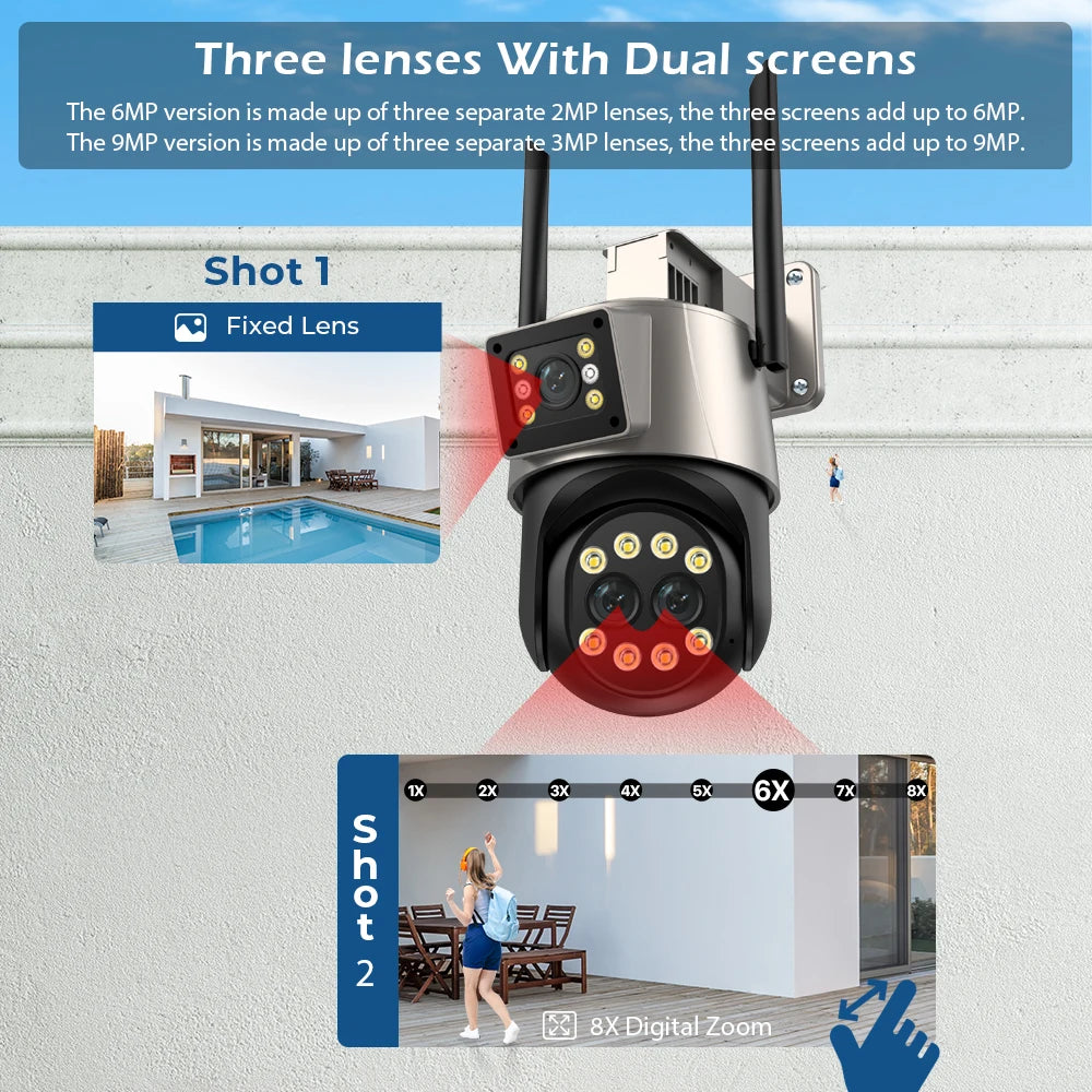 9MP 4.5K Three Lens WIfi  IP Camera Outdoor 8X Zoom Dual Screens AI Human Detect Auto Tracking  Home Security CCTV Surveillance