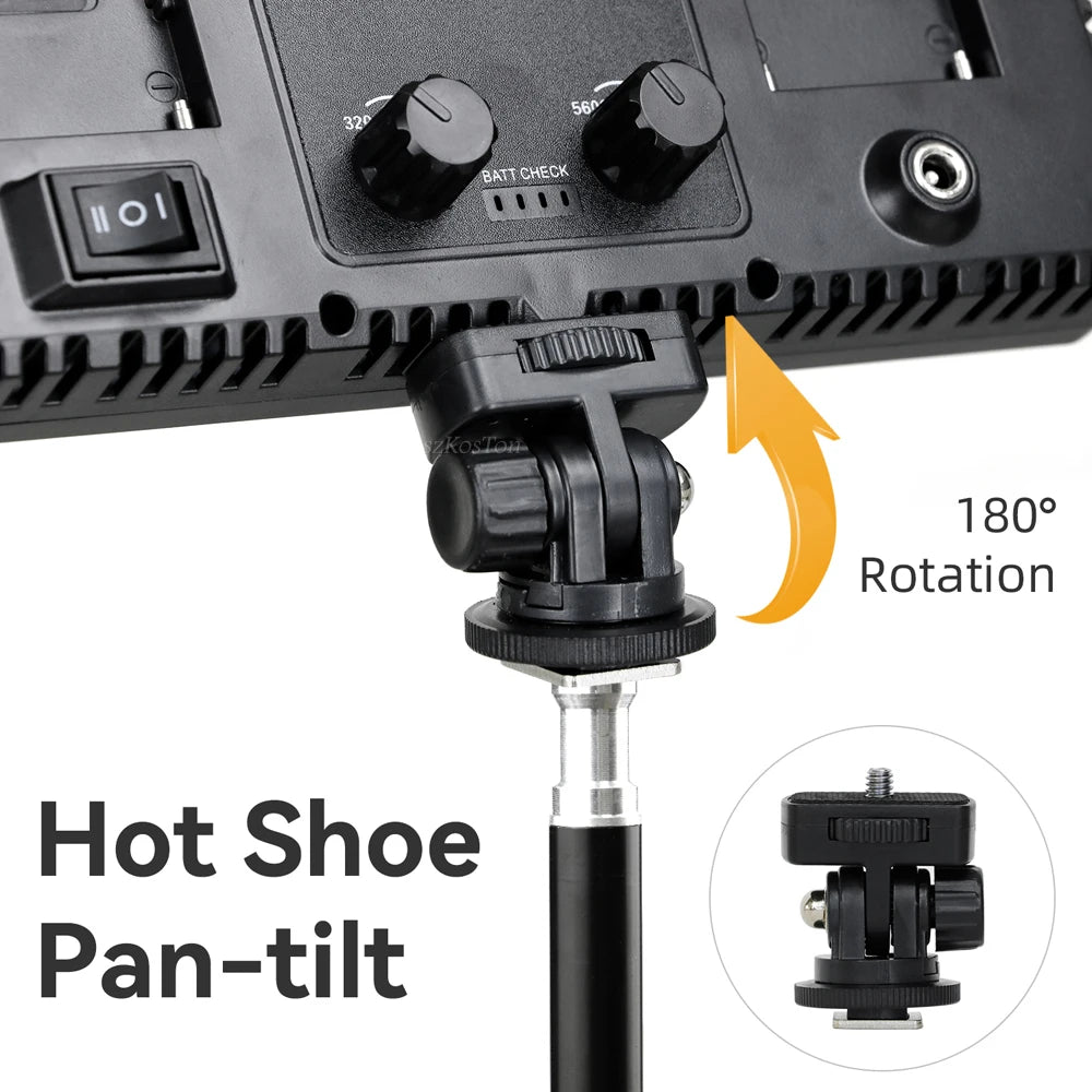 Black plastic hot shoe pan-tilt mount for cameras, featuring a 180-degree adjustable swivel head for light positioning.