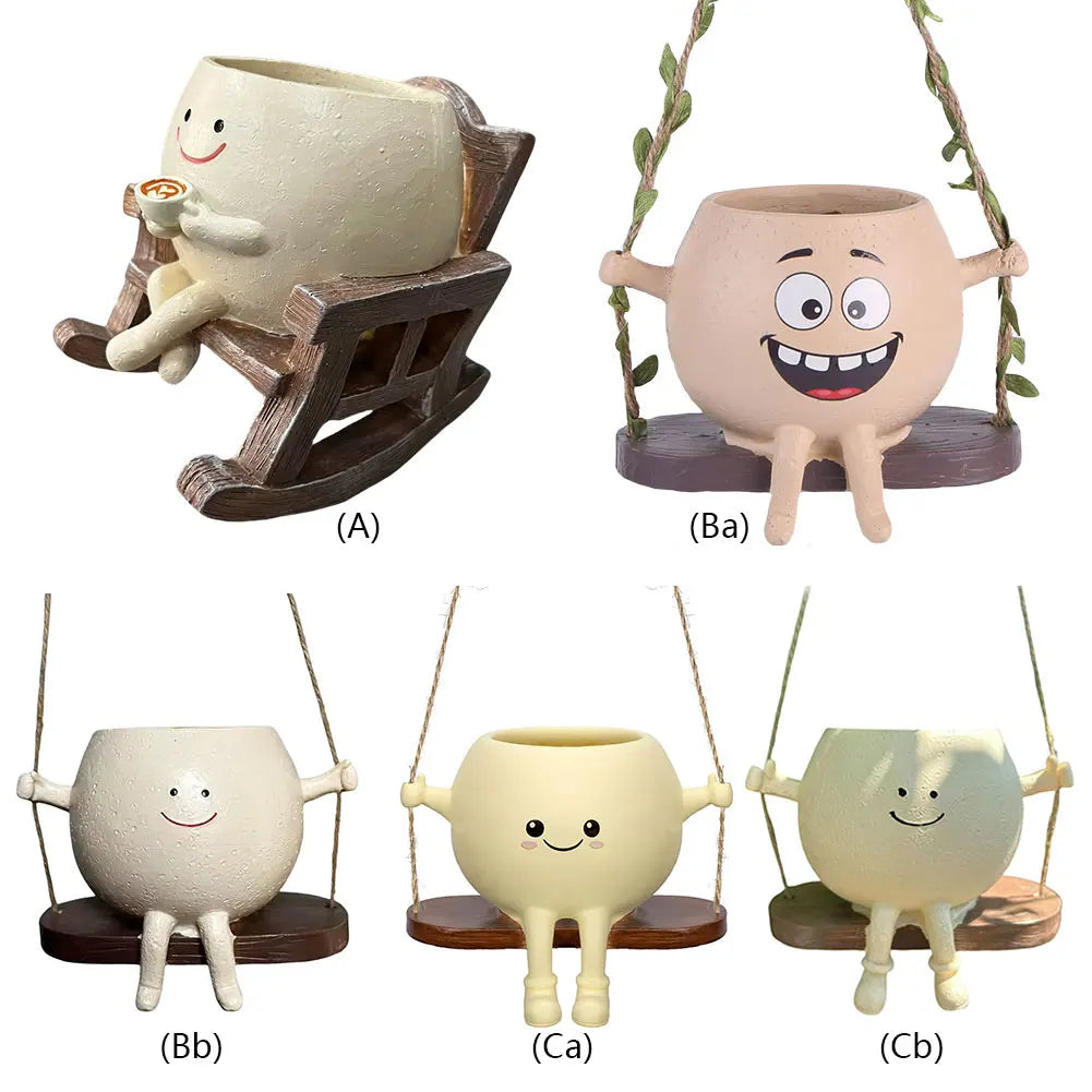 Set of hanging rocking swing face succulent planter pots in assorted designs