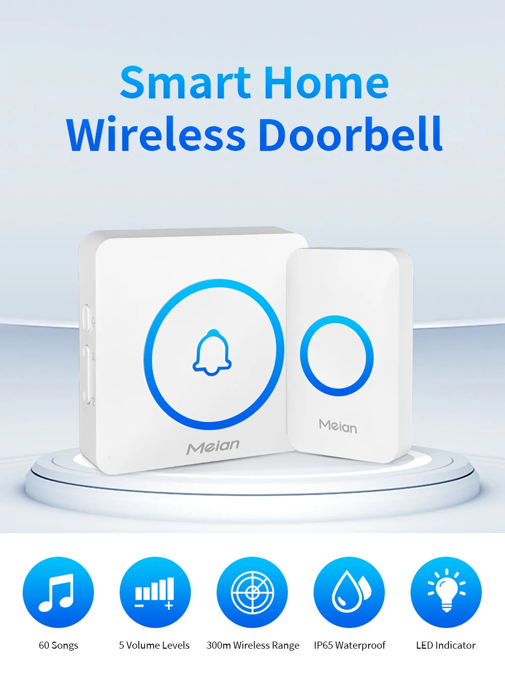Meian Smart Home Doorbell Wireless Security Doorbell IP65 Waterproof Outdoor Door Bell 60 Songs 5 Volume Adjustable Chime Kit