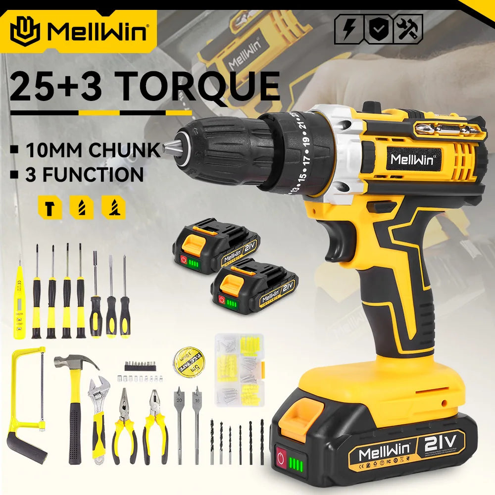 MELLWIN 25+3 Torque Electric Impact Drill Set Multipurpose Cordless Electric Screwdriver Power Tool For Makita 18V Battery Pin