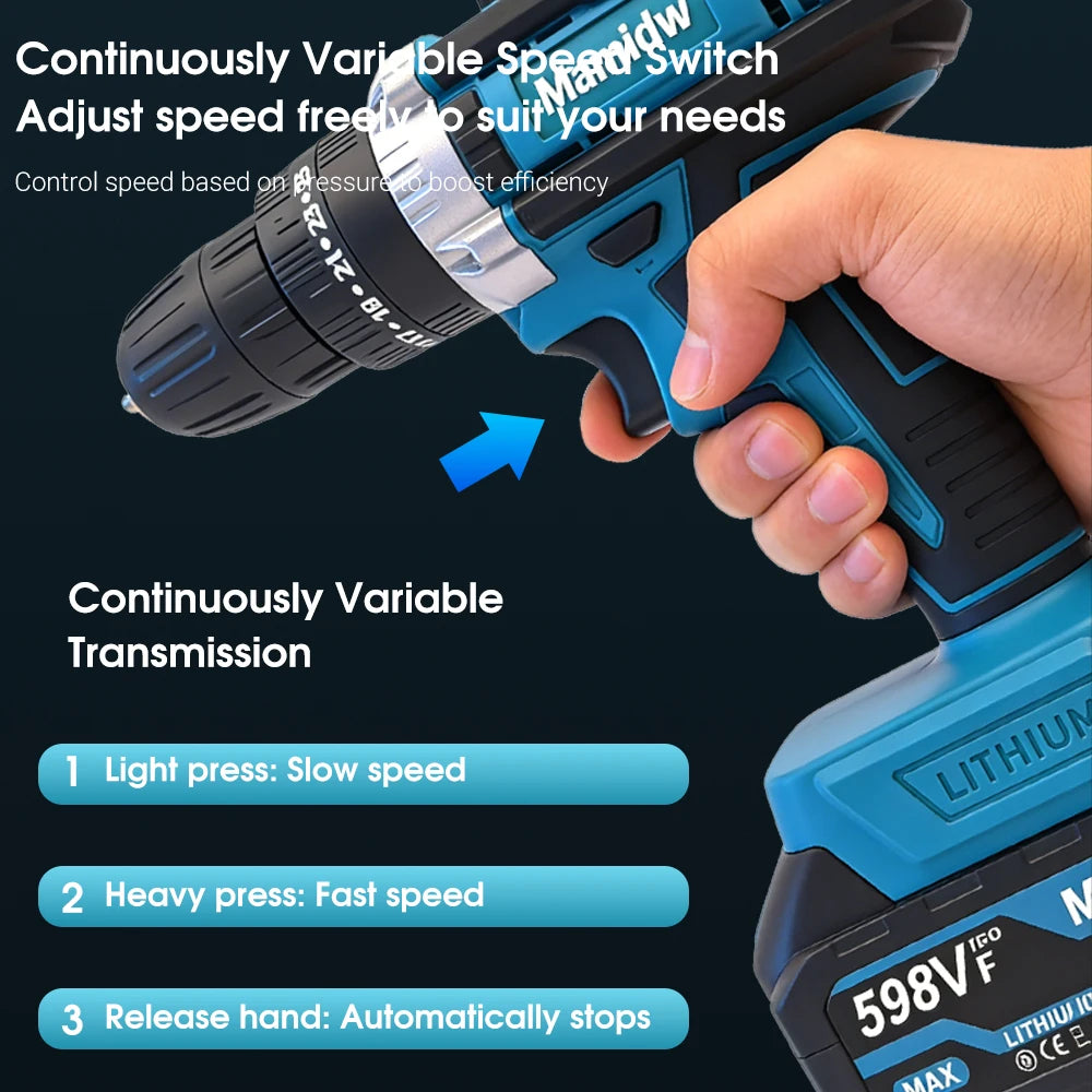Mamidw 10mm Cordless Electric Drill 100N.m Electric Screwdriver Three Functions Impact Drill For Makita 18V Battery