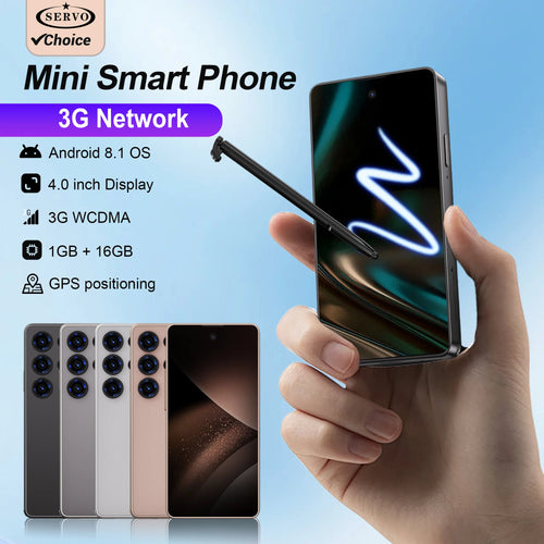 SERVO mini smartphone with built-in stylus, 4-inch display, 16GB ROM, and 3G Android, shown in four color variations.