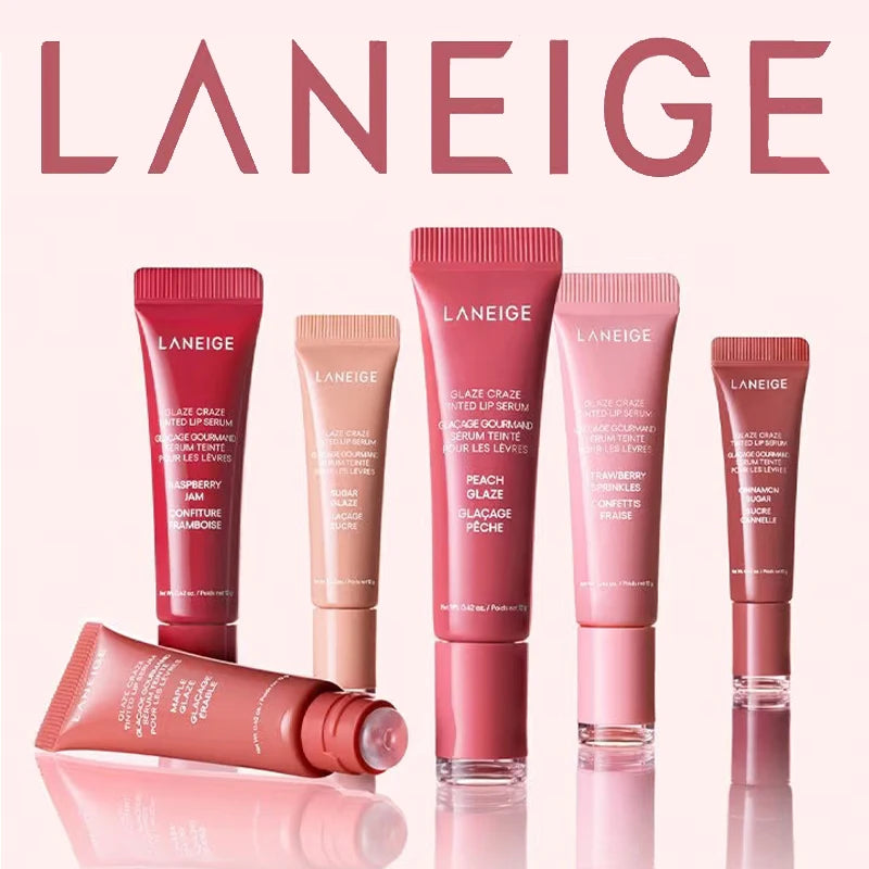 Laneige Glazey Lip Serum collection in various pink and nude shades in squeezable tubes for hydrating lip makeup.