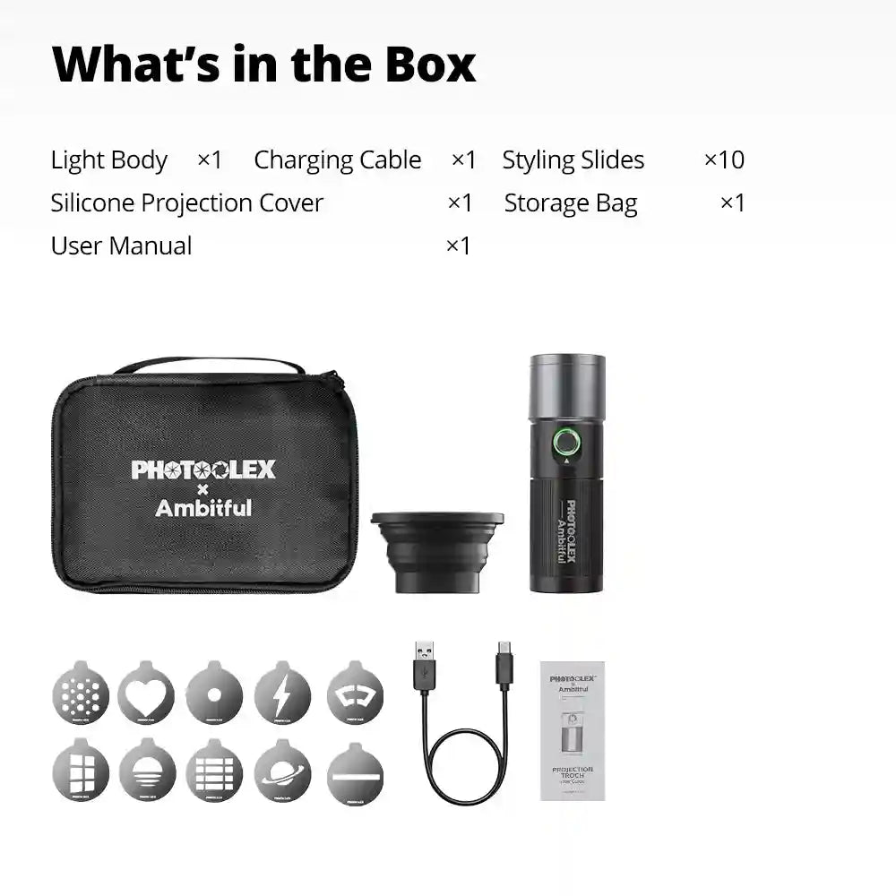 Projection torch kit with black cylinder light, silicone cover, 10 shaped slides, USB charging cable, and storage bag.