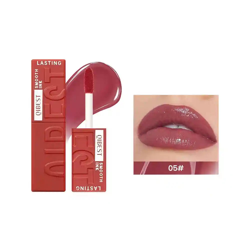 QIBEST watery lip glaze in 05#, a moisturizing mirror-gloss liquid lipstick with a long-lasting, smooth berry finish.