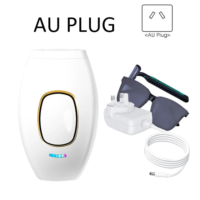 White IPL laser hair removal device with AU plug, safety glasses, and razor for painless home body hair removal.