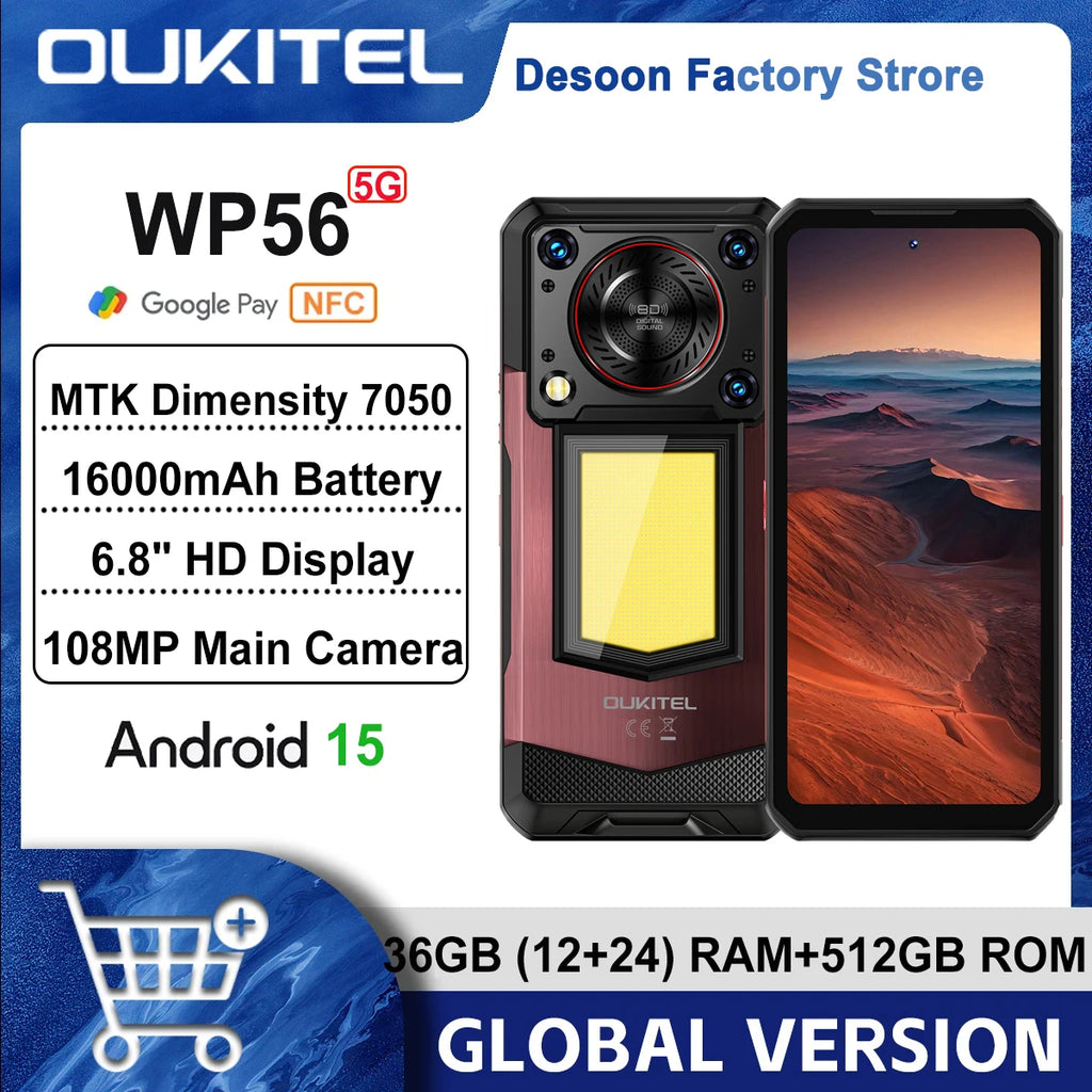 Oukitel WP56 5G Rugged Smartphone 12GB+512GB 45W Android15 Mobile Phone 16000mAh 6.78"FHD+ 108MP Camera 120Hz oukitel Cell Phone