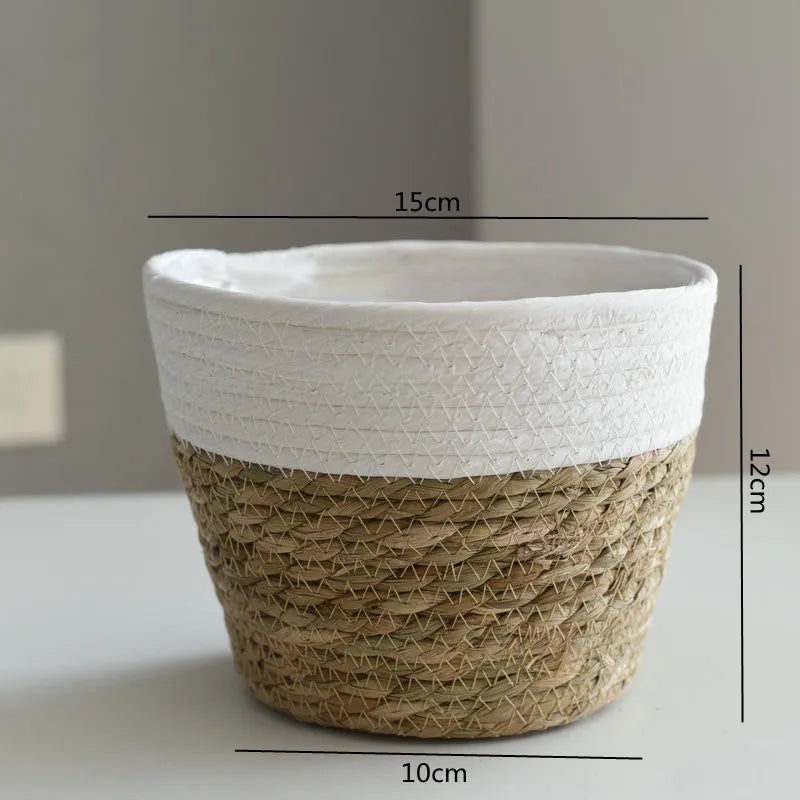 White-lined straw woven plant pot basket planter with open top