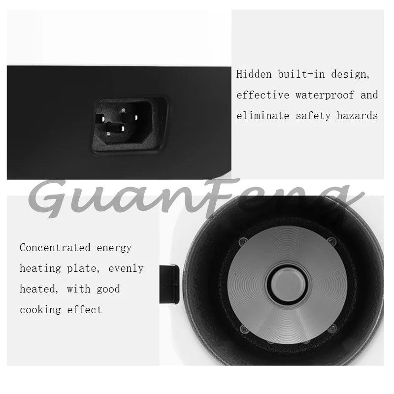 Portable mini rice cooker, black inner pot and heating base view