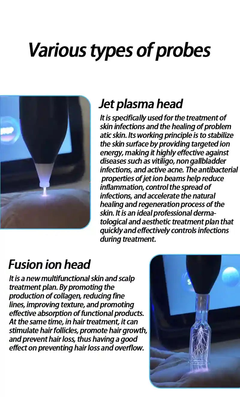 6-in-1 cold plasma device showing jet plasma and fusion ion probes for deep skin cleaning, acne, and anti-aging.