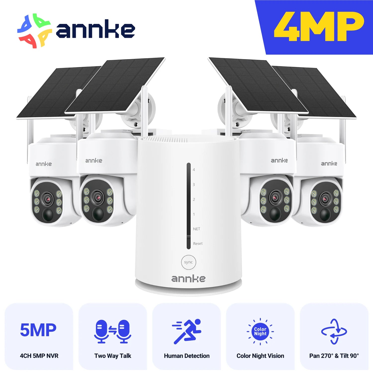 Annke 4MP solar security cameras 4CH Wireless NVR 4mm color night vision camera battery Audio 2.4G 5.8G dual-band WIFI Camera
