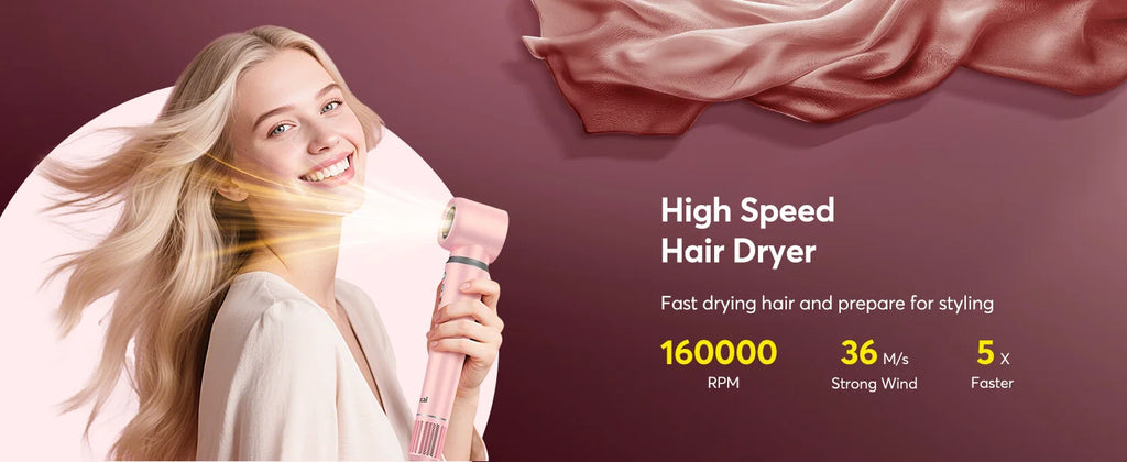 Pink 5-in-1 high-speed hot air styler brush with 1200W motor for fast hair drying and professional salon styling.